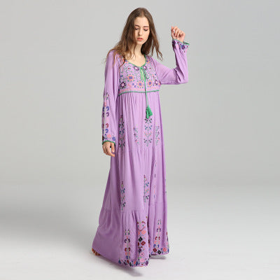 Boho Embroidered Floral Lace-up Maxi Dress