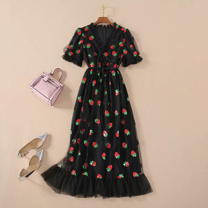 New Style Puff Sleeve Ruffled Mesh Embroidered Strawberry Dress