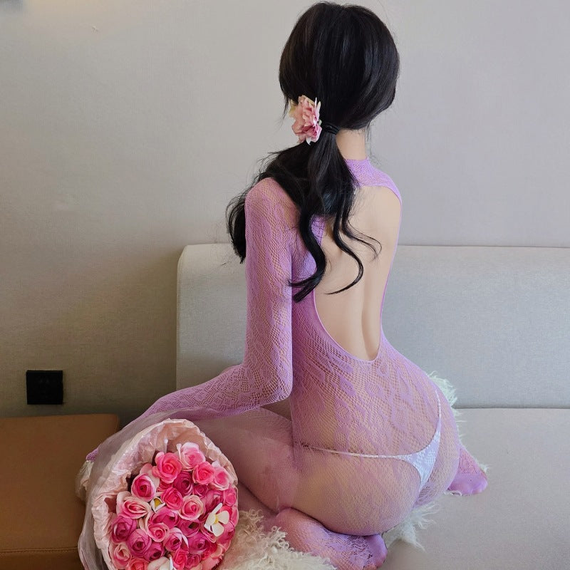 Sexy Lingerie Leopard Print Sheer Bodysuit with Fishnet and Open Back