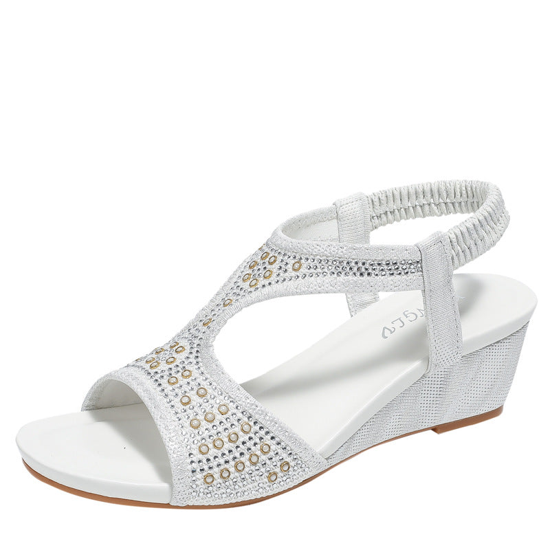 Fashionable Women's Sandals New Mid Heel Elastic Rhinestone Wedge Sandals