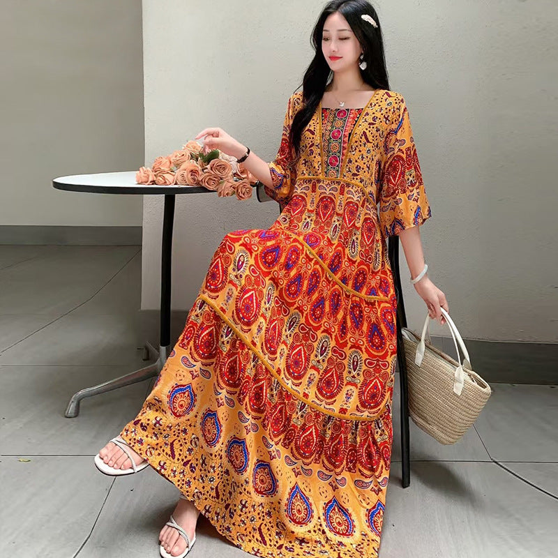 Summer Vintage Cotton Silk Ethnic Style Embroidered Dress Women