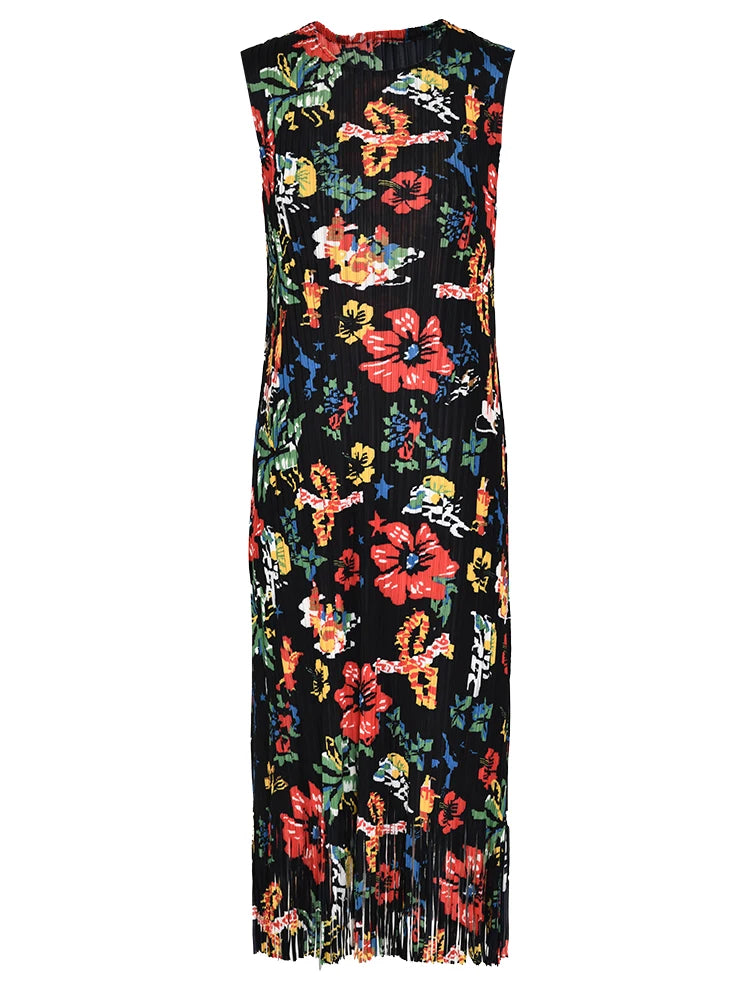 Printed Flower Pleated Dress For Women Round Neck Sleeveless Slim Tassels Dresses Retro Clothing