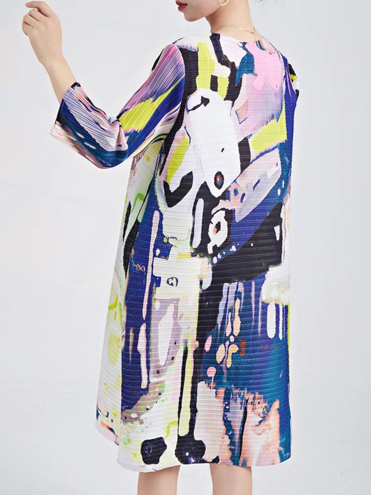 Printed Pleated Dress For Women Round Neck Long Sleeves Designer Casual Dresses Female Clothing