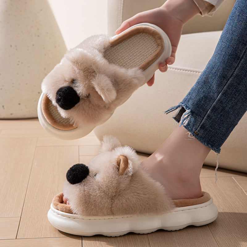 Linen Slippers For Women, Indoor Home Thick Sole Cartoon