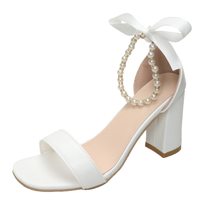 Summer New Pearl Bow Buckle Open Toe Chunky Heel All-match Sandals