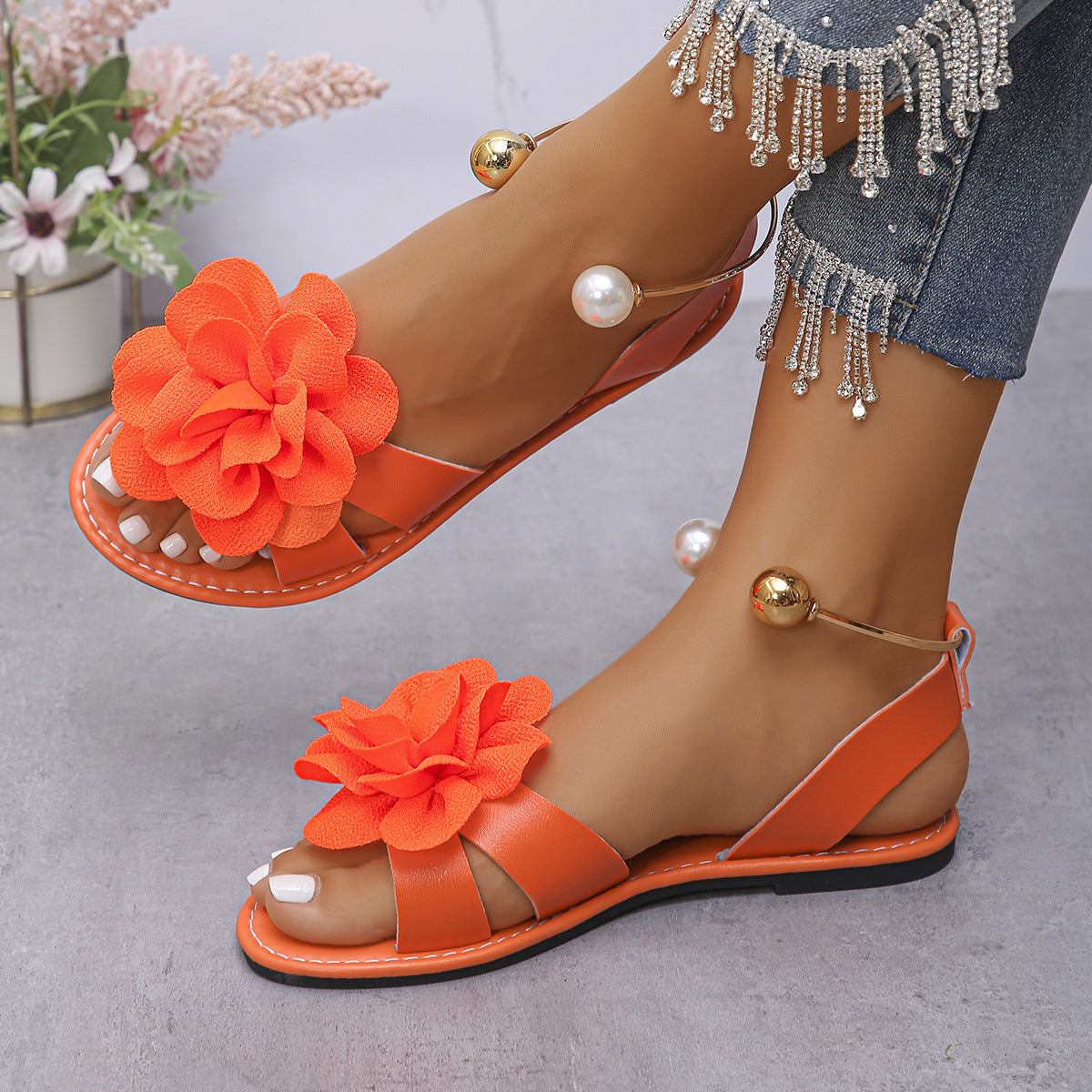 Womens Flat-sole Pearl Strap Sandals