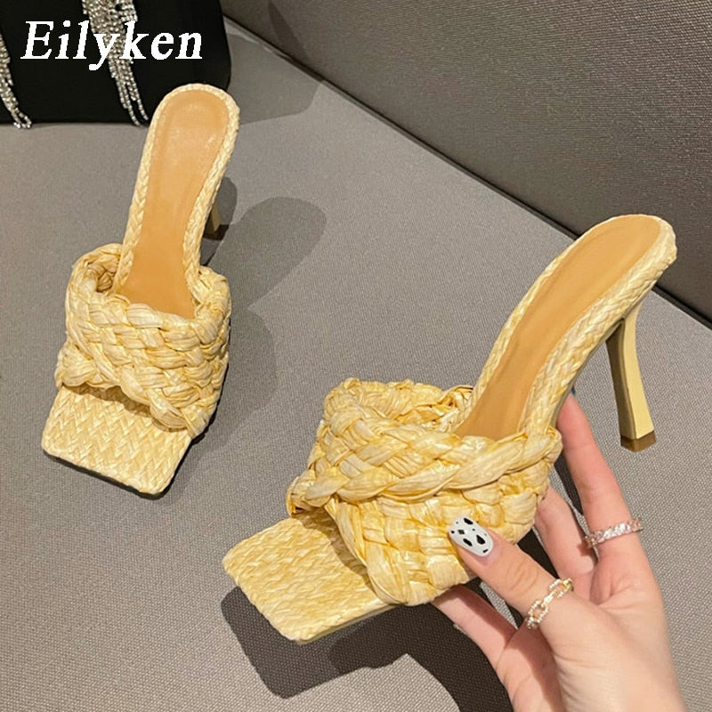 Processing time:5-7 days after placing orders Eilyken New Summer Design Weave Square Toe Heels High Quality Slippers Gladiator Beach Womens Sandal Slides Shoes