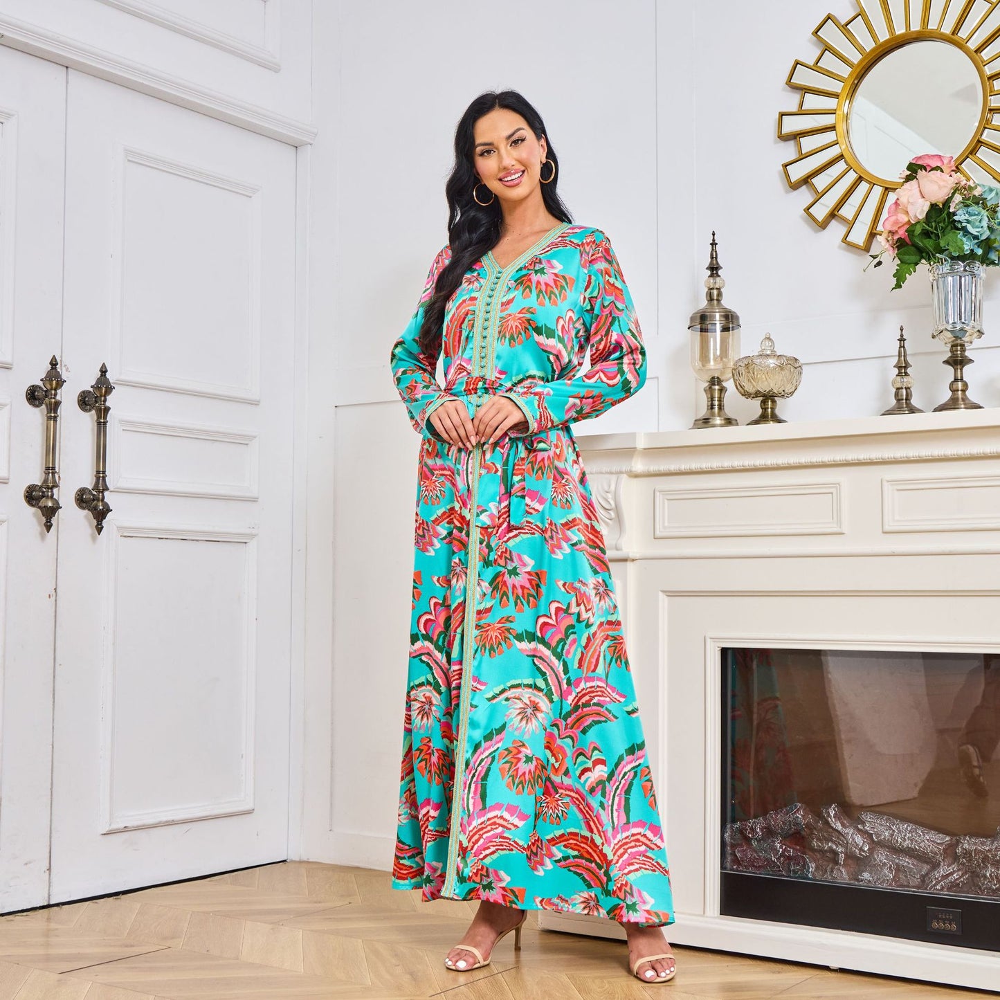 Arab clothing printed color blocked smooth dress