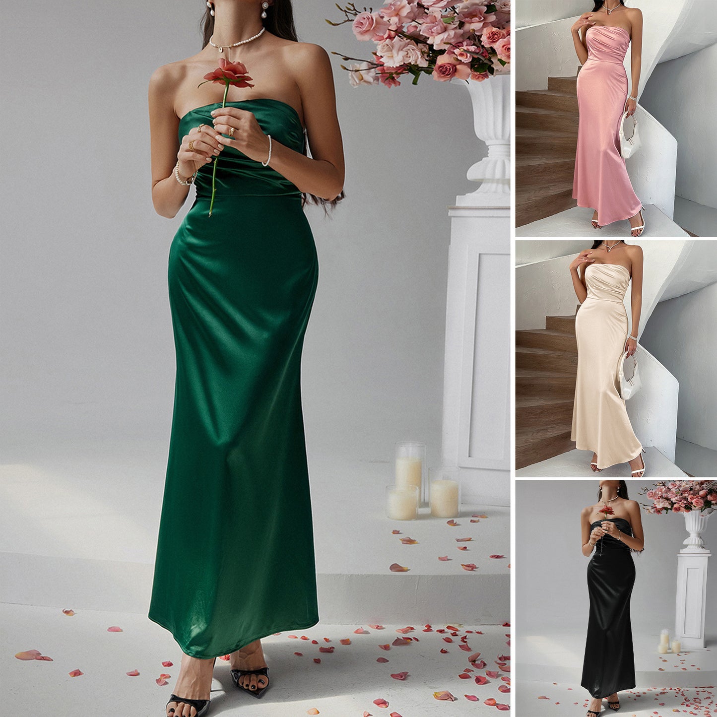Slimming solid color strapless evening dress dress long skirt