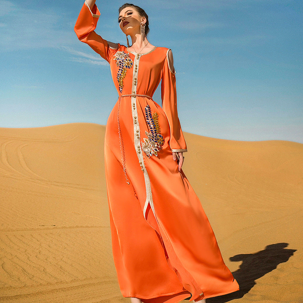 Orange New Hand Sewn Drill Long Dress With Belt