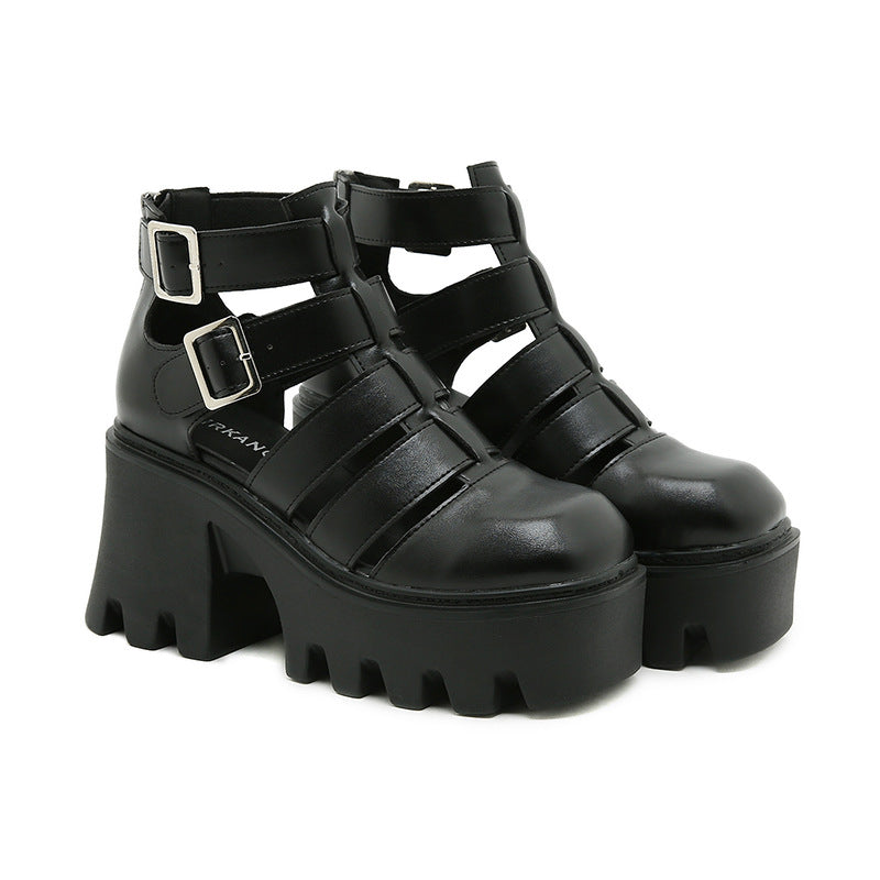 Beijing Hollow-out Roman Sandals Woven Vintage Breathable With Chunky Heels And Thick Soles