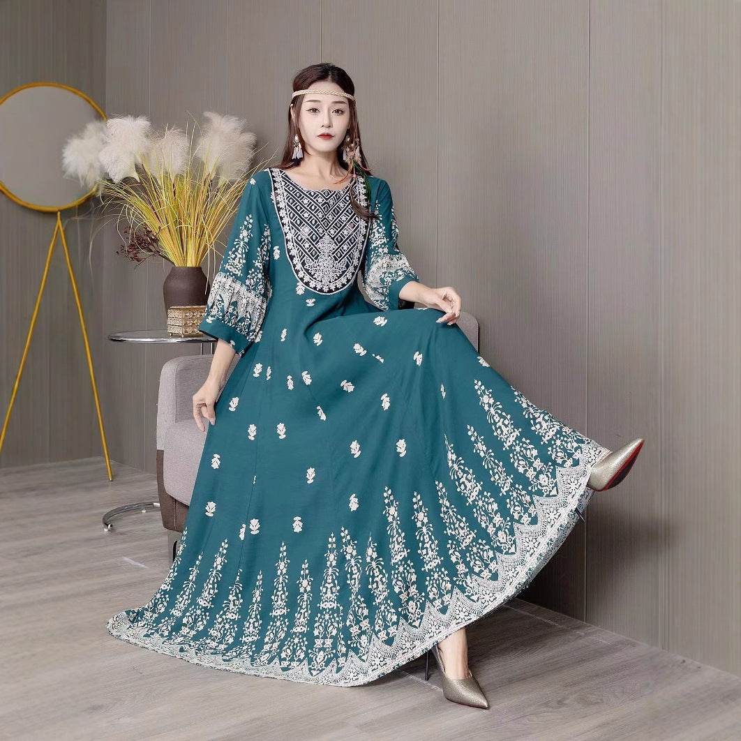 Bohemian Style Dress Ethnic Style Embroidered Large Swing Skirt