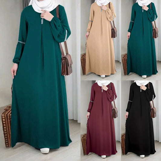 Elegant Long Sleeve Muslim Abaya Dress with Sequins