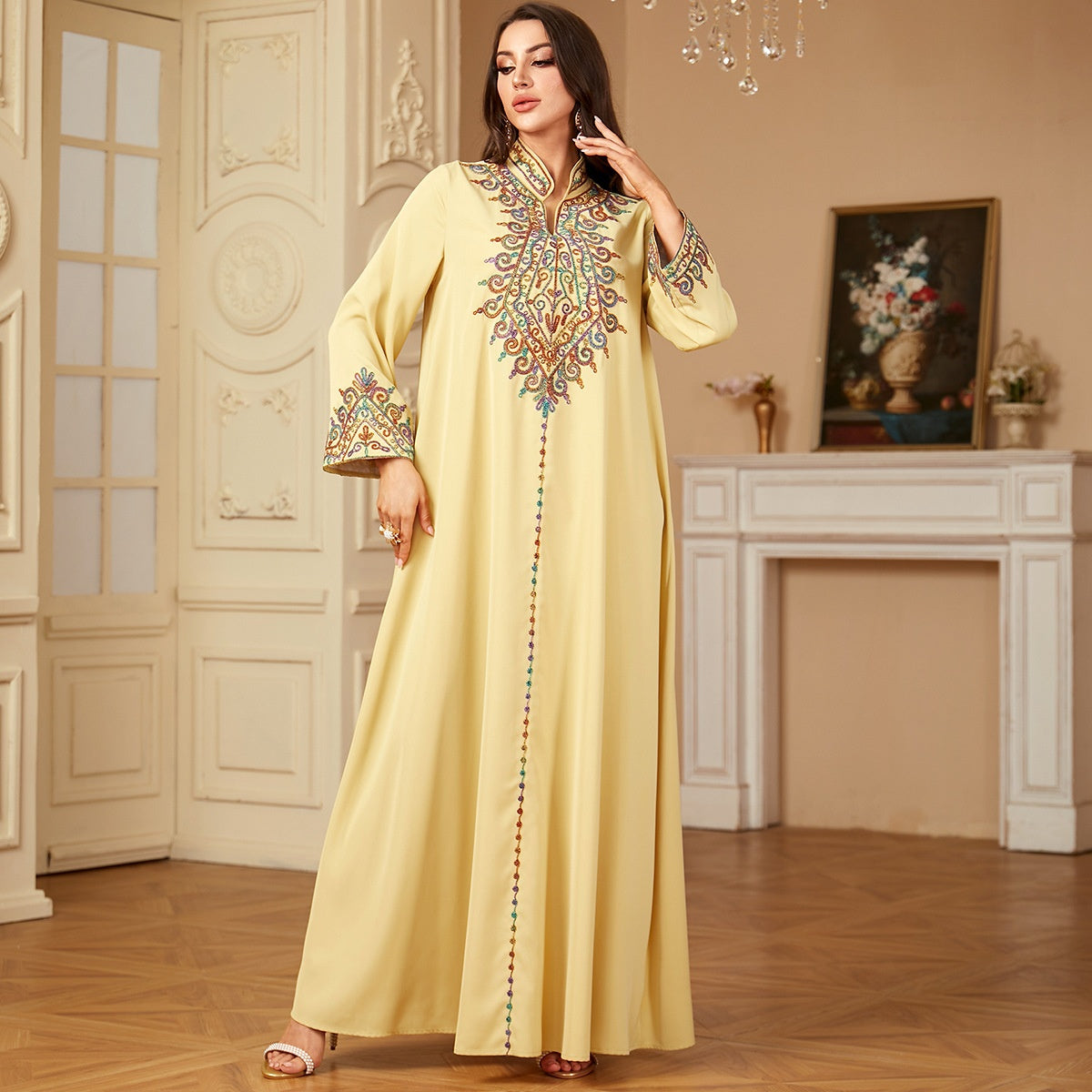 Middle Eastern Cross-border Long Robe Muslim Embroidered V-neck Dress Arabic Dubai Jalabiya Long Robe
