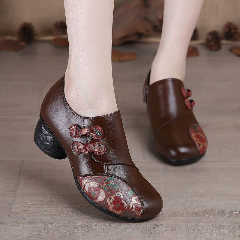 Ethnic Style Deep Mouth Single Shoe Women's Leather Shoes with Thick Heel Mid-Heel Mother Shoes Dance Shoes