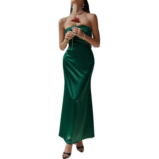 Slimming solid color strapless evening dress dress long skirt