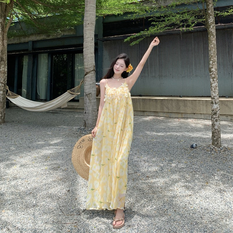 Beach Vacation Yellow Printed Strapless Dress Women French Style Sexy Summer Beautiful Mini Dress
