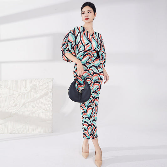 Contrast Color Pleatd Dress Print V Neck Batwing Sleeve Evening Dresses For Women Spring New Elegant Clothing