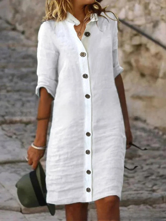 A pure cotton and linen dress with a shirt collar and middle sleeves