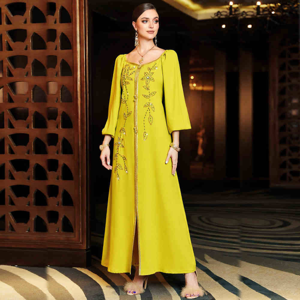 Square-neck Cinched Middle East Dubai Hand-stitched Maxi Dress