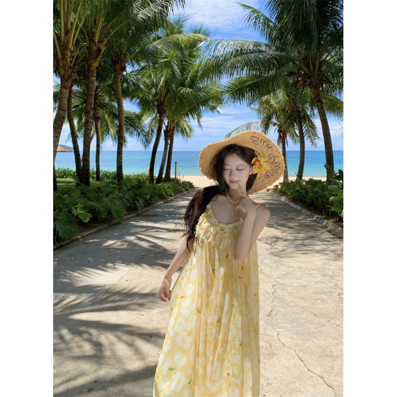 Beach Vacation Yellow Printed Strapless Dress Women French Style Sexy Summer Beautiful Mini Dress