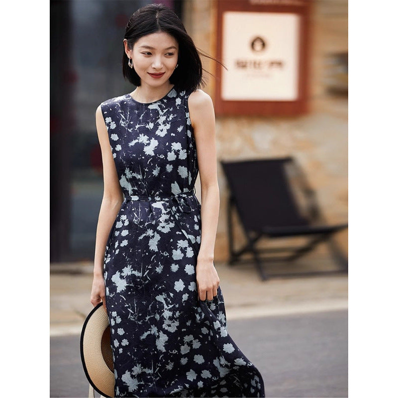 Printed Waist-Cinching Sleeveless Dress For Women