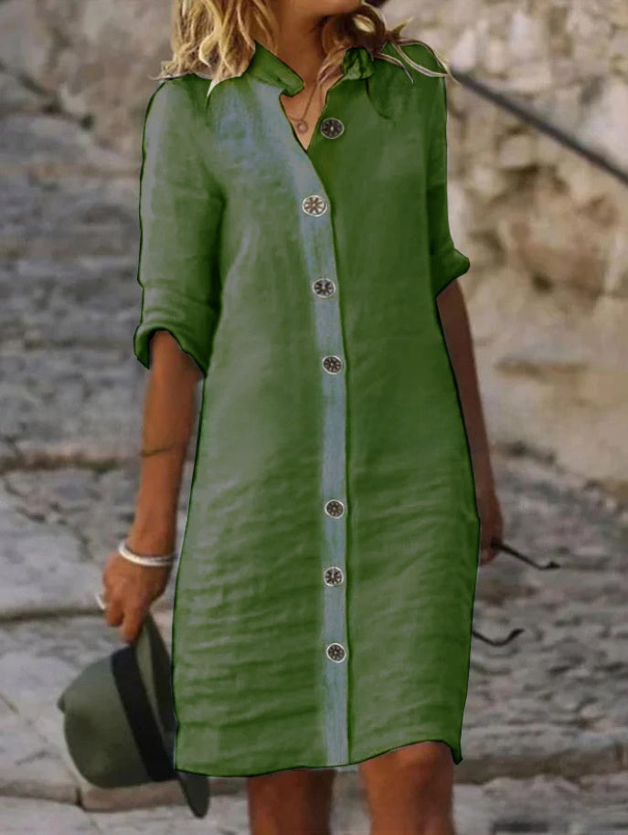 A pure cotton and linen dress with a shirt collar and middle sleeves