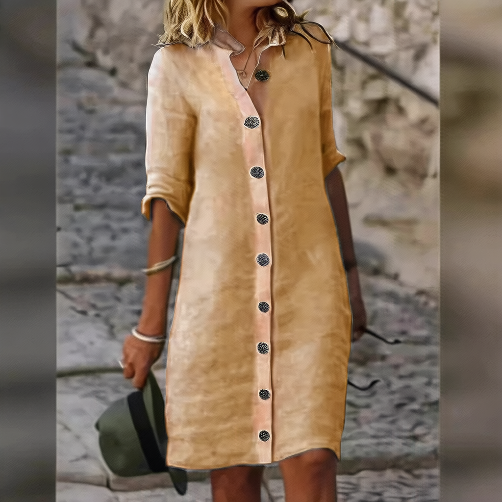 A pure cotton and linen dress with a shirt collar and middle sleeves