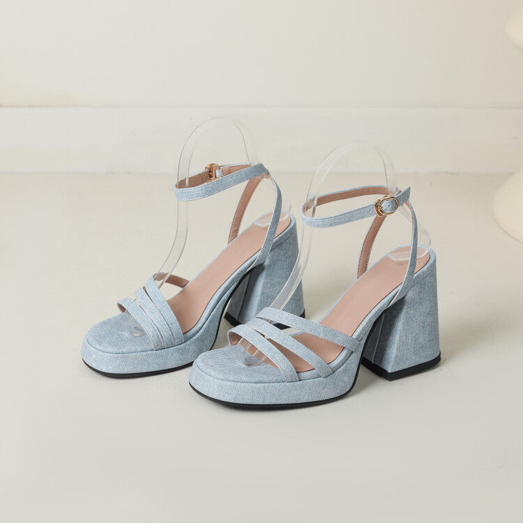 Denim-strapped Sandals With A Round Toe And Chunky Heel For Women
