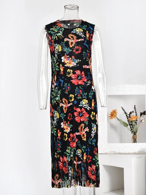 Printed Flower Pleated Dress For Women Round Neck Sleeveless Slim Tassels Dresses Retro Clothing