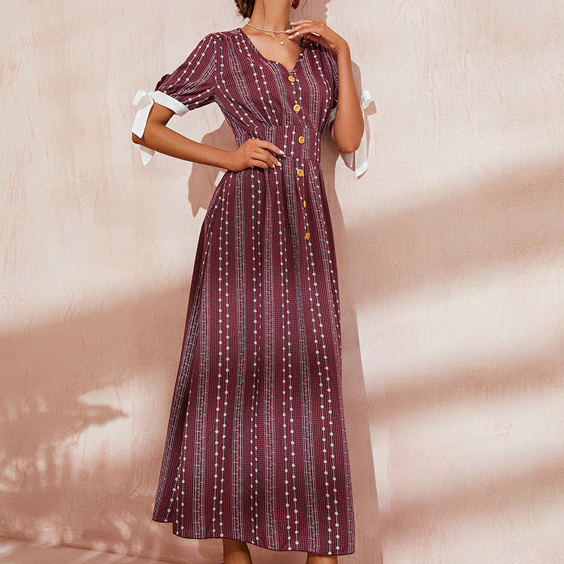 Middle East Short Sleeve Loose Dress Fragmentary Flower Waist Closing Foreign Style Light Mature Women's Dress