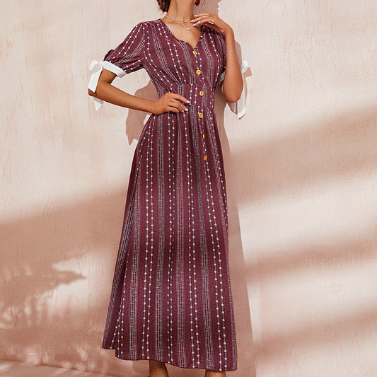 Middle East Short Sleeve Loose Dress Fragmentary Flower Waist Closing Foreign Style Light Mature Women's Dress