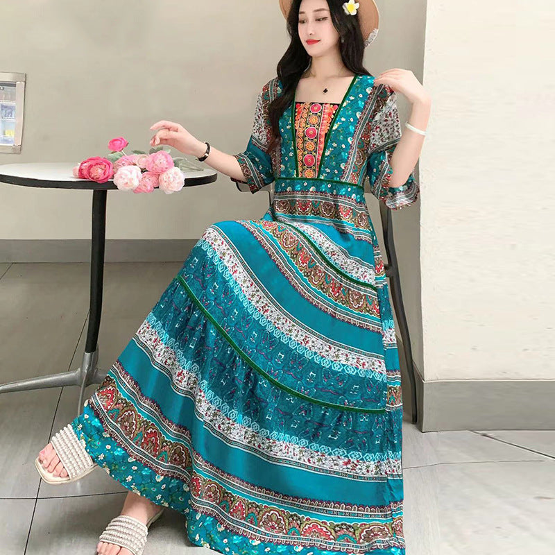 Summer Vintage Cotton Silk Ethnic Style Embroidered Dress Women