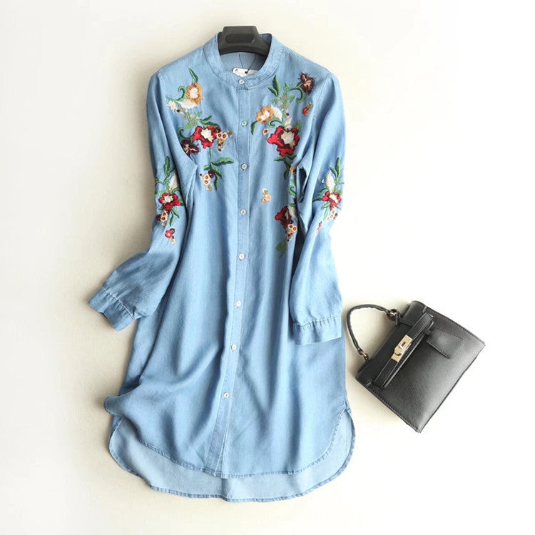 Stand-up Collar Embroidered Long-sleeved Tencel Denim Dress