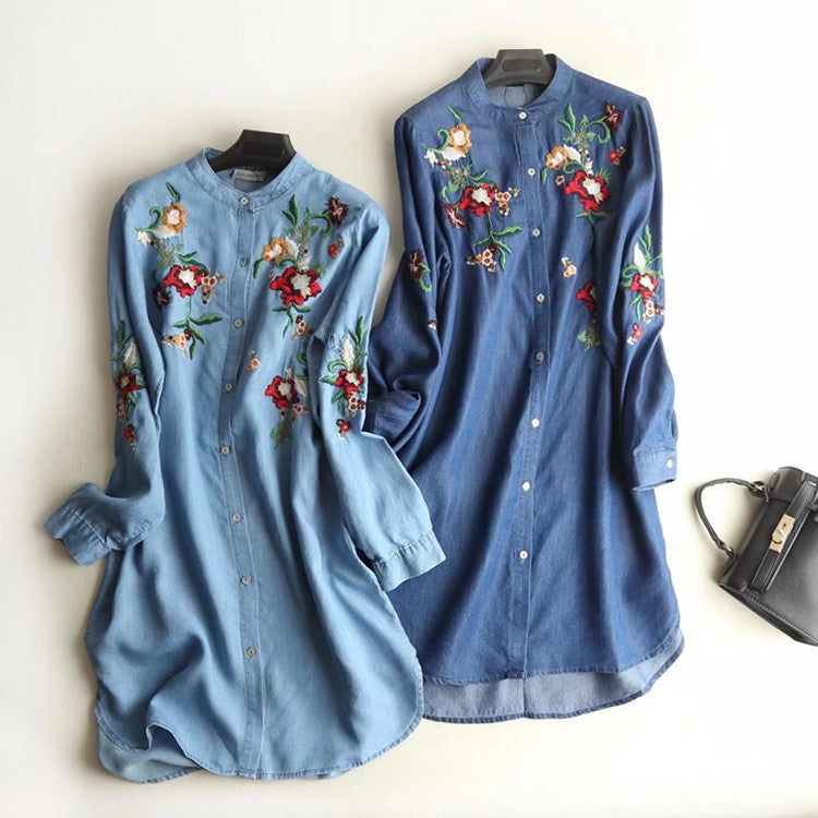 Stand-up Collar Embroidered Long-sleeved Tencel Denim Dress