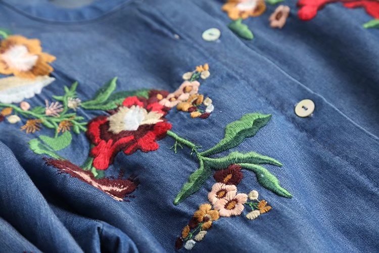 Stand-up Collar Embroidered Long-sleeved Tencel Denim Dress