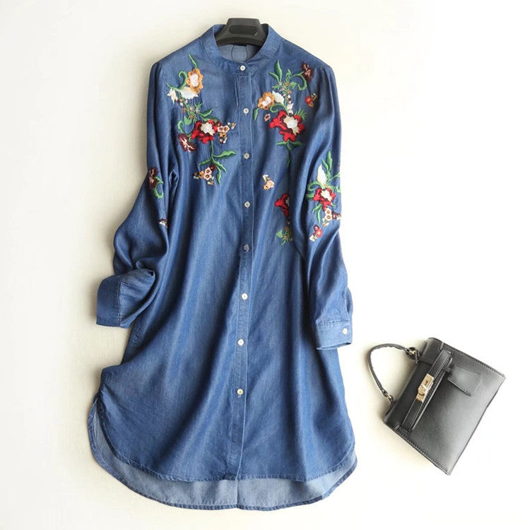 Stand-up Collar Embroidered Long-sleeved Tencel Denim Dress