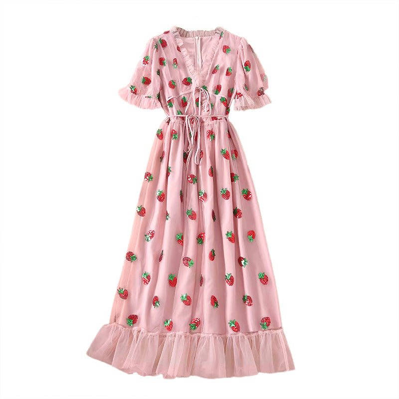 New Style Puff Sleeve Ruffled Mesh Embroidered Strawberry Dress