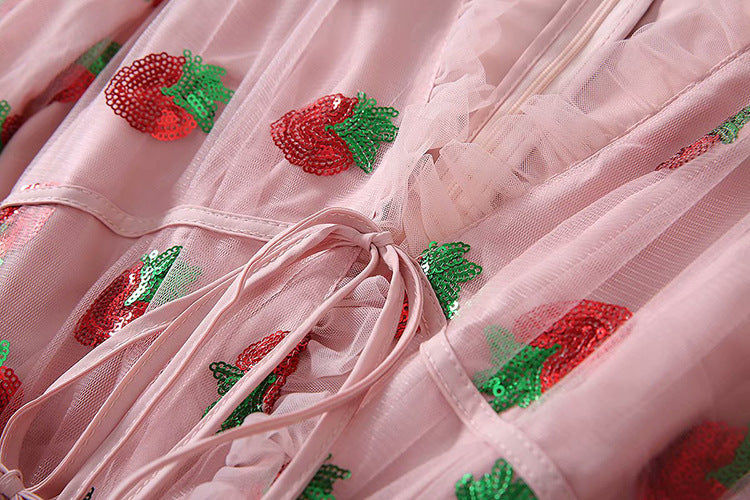 New Style Puff Sleeve Ruffled Mesh Embroidered Strawberry Dress