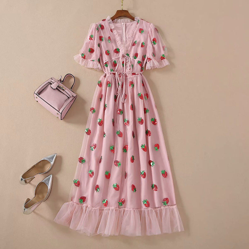 New Style Puff Sleeve Ruffled Mesh Embroidered Strawberry Dress