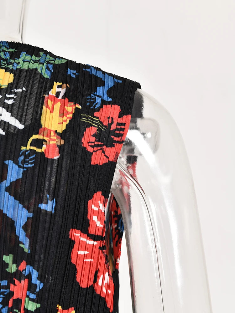 Printed Flower Pleated Dress For Women Round Neck Sleeveless Slim Tassels Dresses Retro Clothing