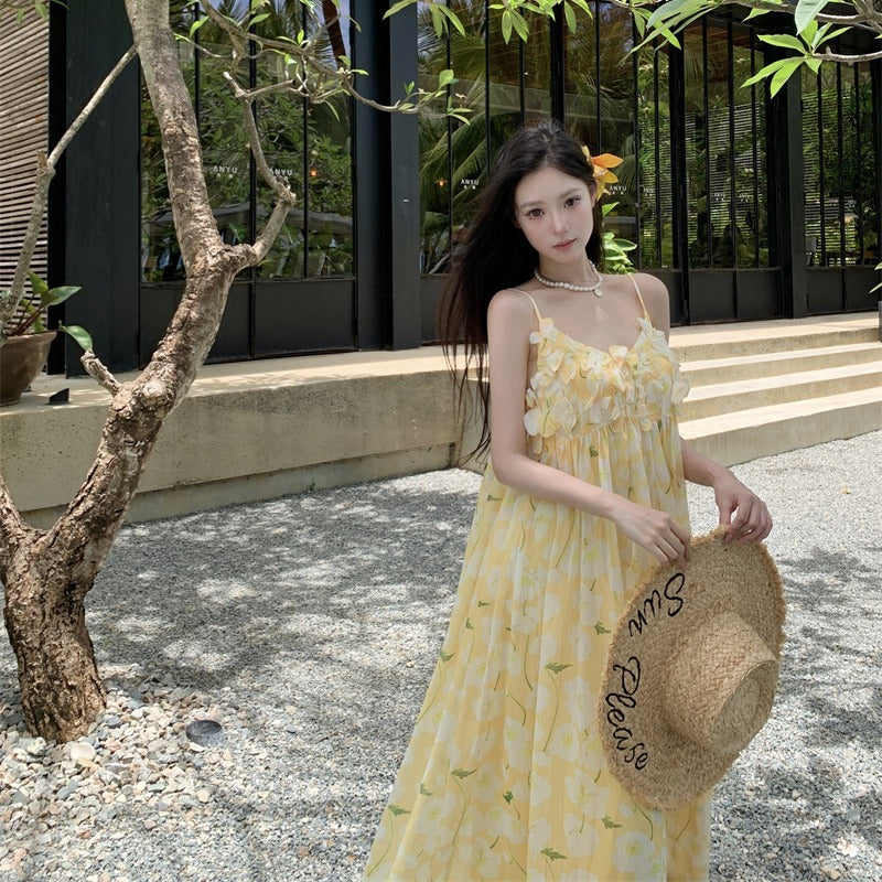 Beach Vacation Yellow Printed Strapless Dress Women French Style Sexy Summer Beautiful Mini Dress