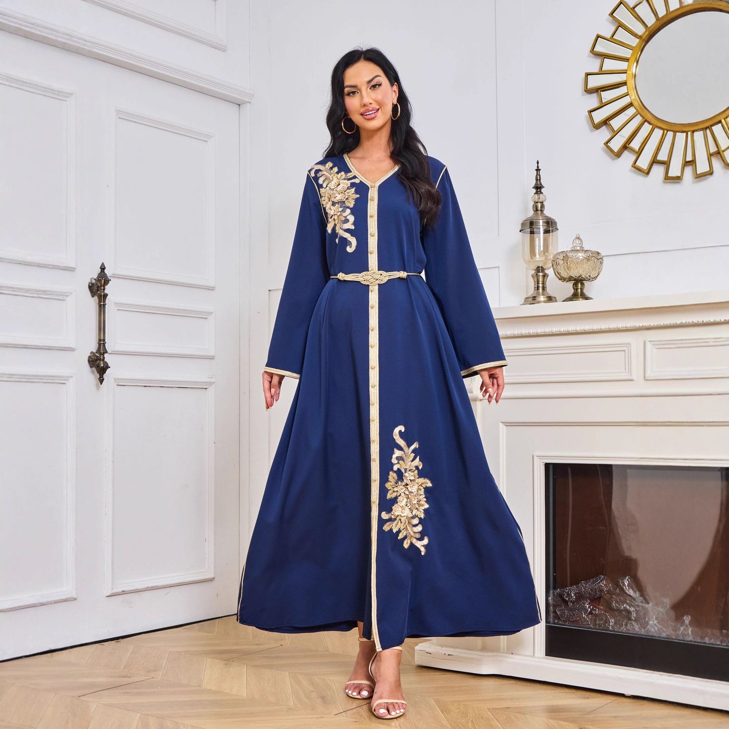 Dubai Abaya Gown Dress With Printed Hot-stone And Embroidered Detailing