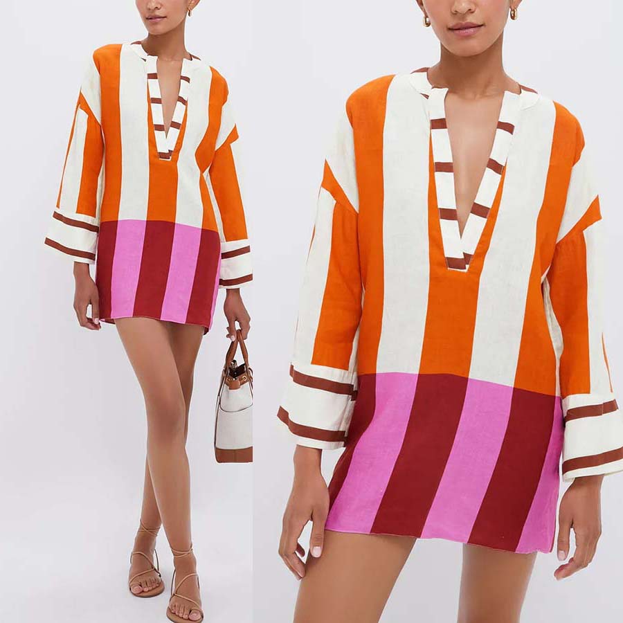 Printed Linen Long Sleeve Dress INS Casual Loose Dress