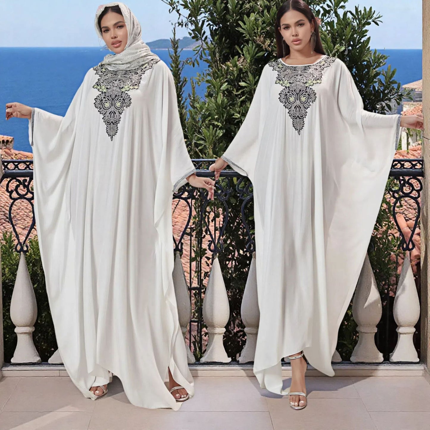 Women's Middle East Muslim Long Robe Heavy Embroidery Splicing Lace Dress Gown