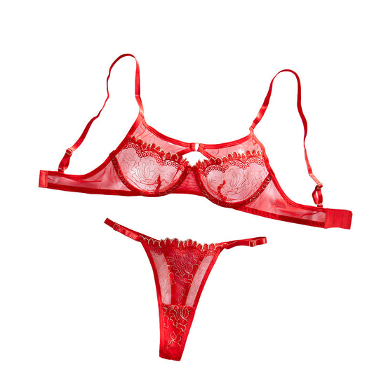 Sexy Embroidered Splicing Hollow Design Sexy Underwear Two Piece Set