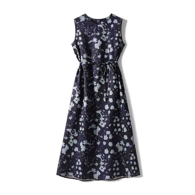 Printed Waist-Cinching Sleeveless Dress For Women