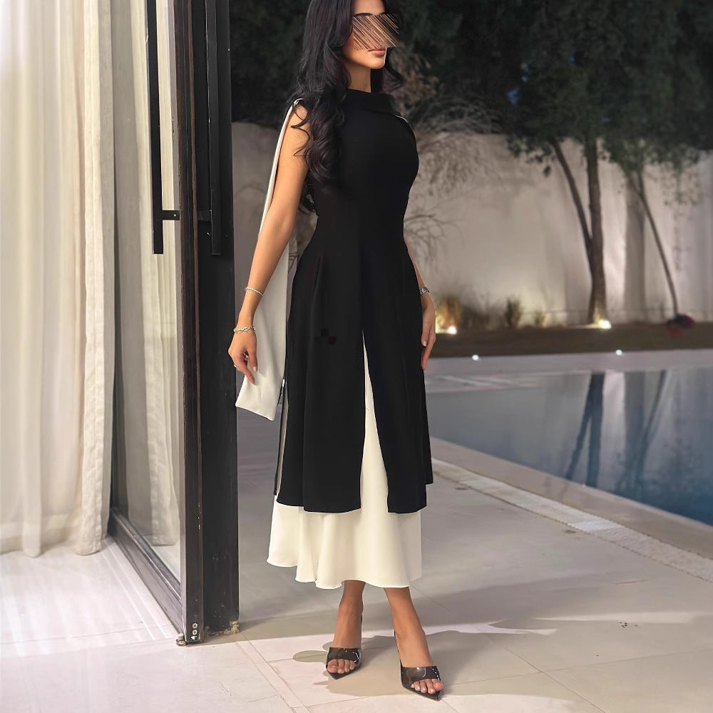 Women's Dress Middle East Cross-border Round Neck Color Block Sleeveless Fitted Temperament Retro Dress