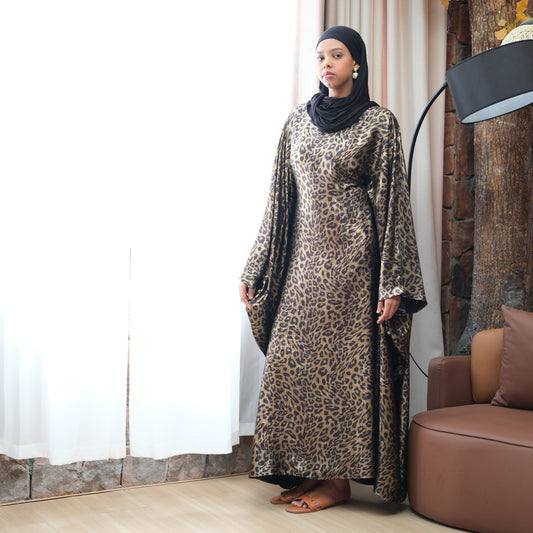 Pure American Print Dress, Batwing Sleeve Leopard Pattern Long Dress