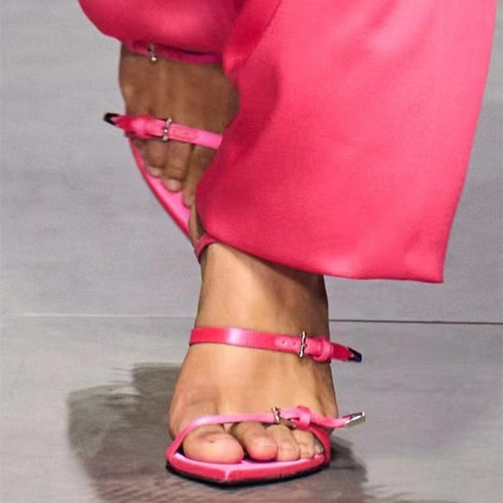 High Heeled Pointed Roman Sandals, Satin Sheepskin Buckle, Womens Oversized Shoes